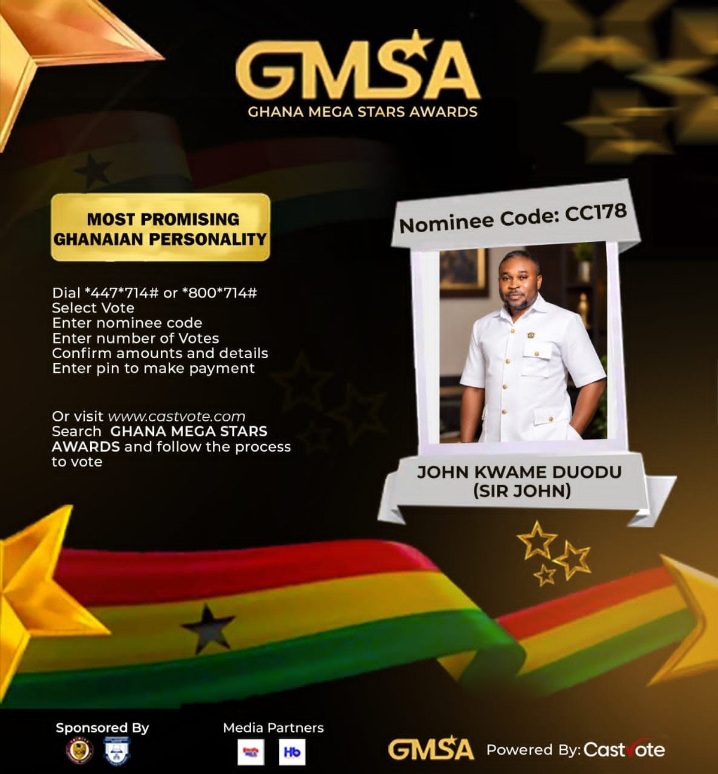 Ghana Mega Stars Awards nomination graphic for John Kwame Duodu (Sir John)